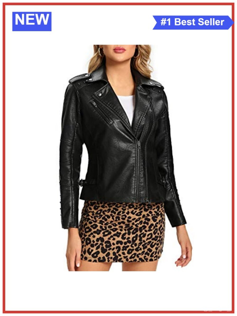 Womens Faux Leather Moto Biker Jacket Double Zip Up Rivet Coat